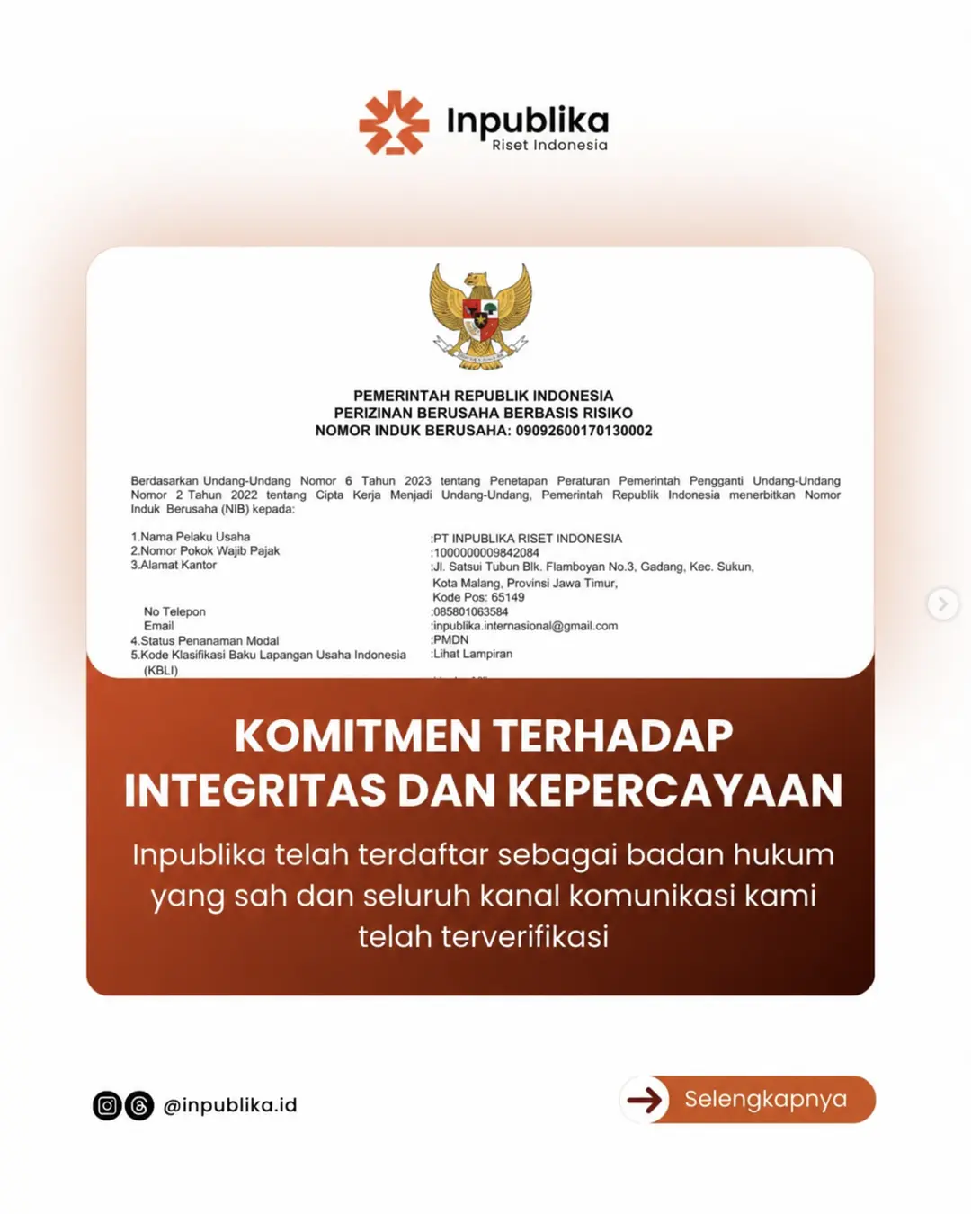 Legalitas PT Inpublika Riset Indonesia dengan NIB 09092600170130002