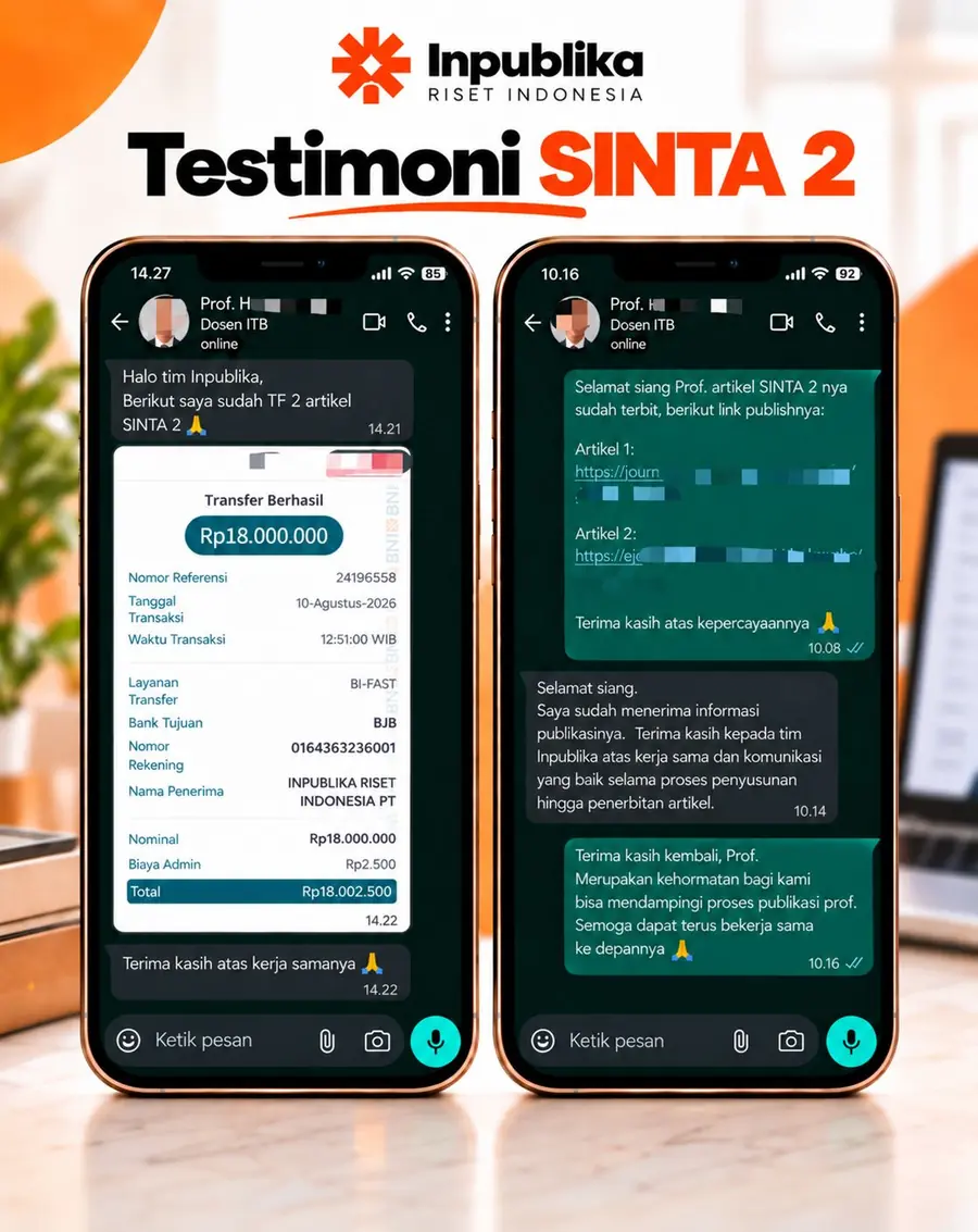 Testimoni klien dosen mengenai pendampingan dua artikel SINTA 2 yang telah terbit